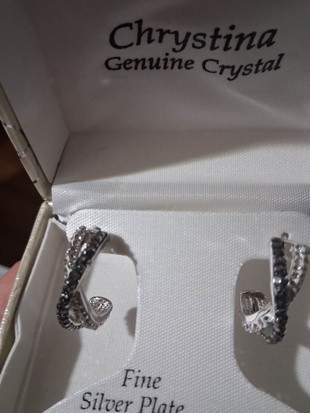 Genuine CRYSTAL Black and Silver Crisscross Hoop Earrings